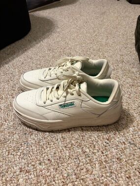 Reebok Off-White Leather Sneakers with Teal Logo Accent